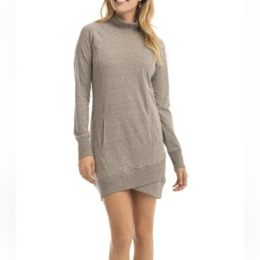 Synergy Charcoal Aspen Tulip-Hem Moc Neck Jersey Dress Organic Long Sleeve